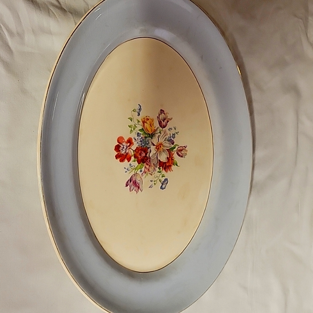 1940s Vintage floral Edwin M Knowles China Co 15 1/2 oval Platter Gold Edge